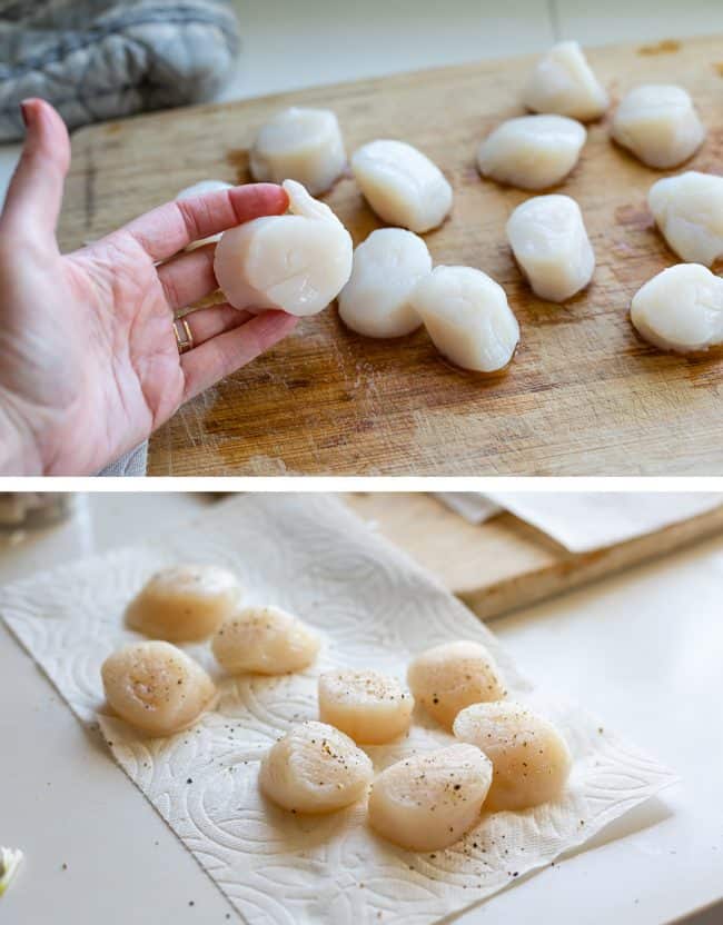 removing the side muscle from a scallop, seasoning scallops on a paper towel. 