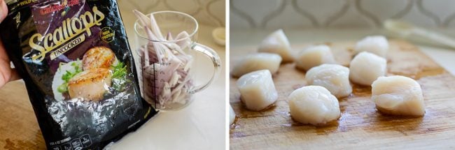 frozen scallops and shallots, scallops on a wooden cutting board. 