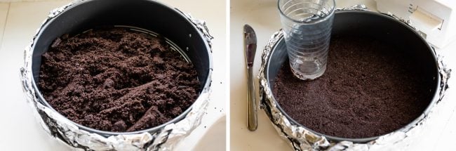 pressing an Oreo crust into a springform pan with a drinking glass.