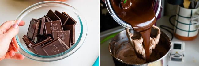 making chocolate cheesecake filling in a stand mixer.