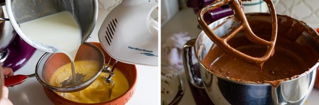 making a thick chocolate cheesecake filling with egg yolks and cream.