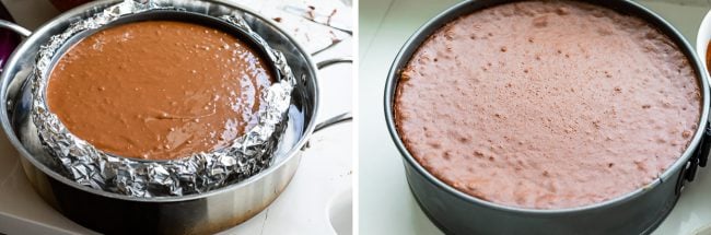 a chocolate cheesecake in a water bath before baking and the same cheesecake after baking.