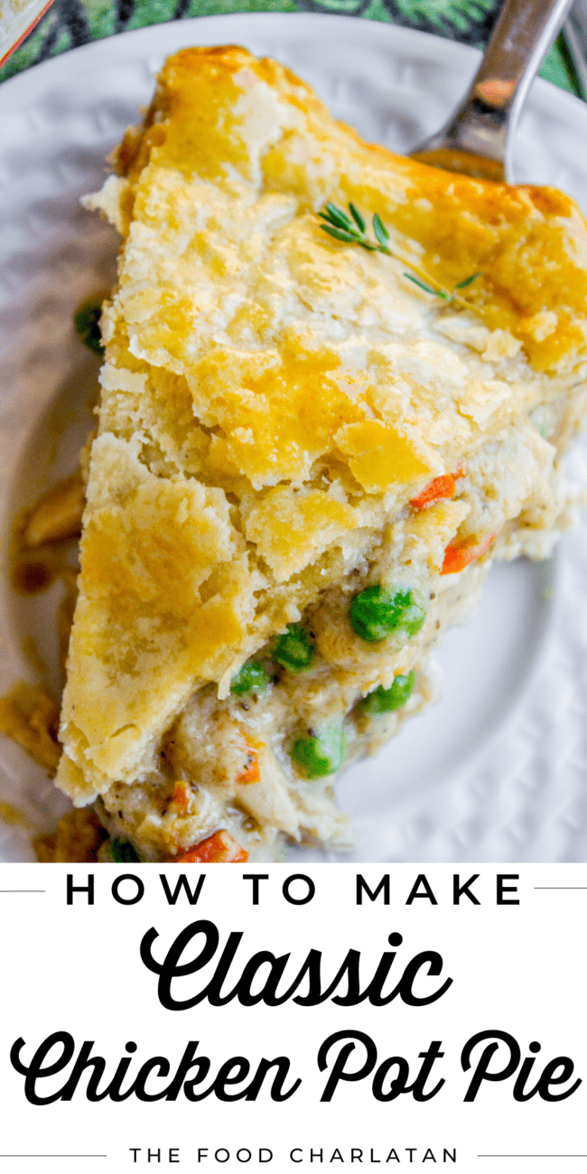 Classic double crust chicken pot pie on a white plate.