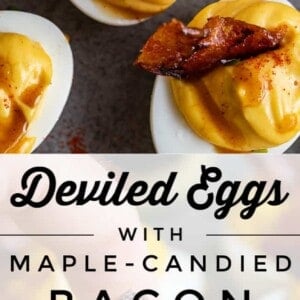 Close-up images of deviled eggs with bacon, topped with maple-candied bacon, paprika, and chives. The text reads, Deviled Eggs with Maple-Candied Bacon. In the bottom image, a hand holds one egg.