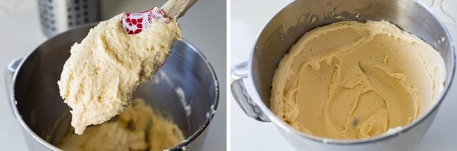 sugar cookie dough on a spatula and in the bowl of a stand mixer.