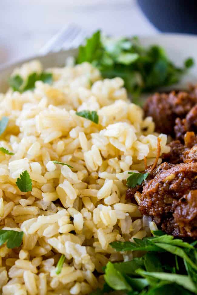 brown rice with beef and cilantro.