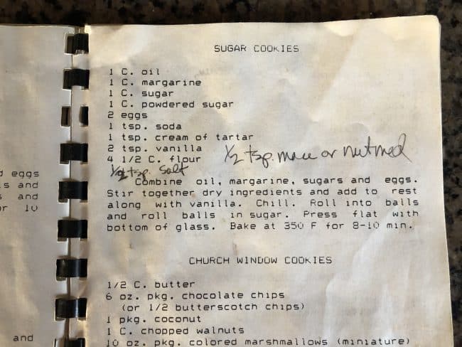 sugar cookie recipe in an old recipe book.