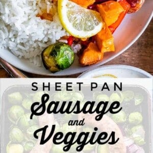 A bowl of white rice topped with roasted sausages, Brussels sprouts, and colorful veggies, garnished with lemon and parsley. Below, raw sausages and cut vegetables for one pan sausage and veggies are arranged on a baking sheet, ready to roast.
