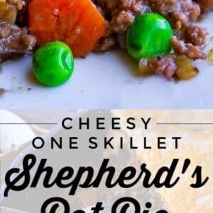 A close-up of a golden, flaky pot pie crust filled with ground meat, peas, and carrots. The text overlay reads, Cheesy One Skillet Shepherd's Pie.