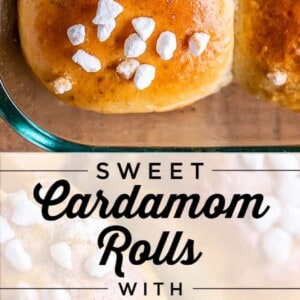Golden brown cardamom rolls topped with pearl sugar, shown whole in a baking dish and split open with butter inside. Text reads: “Sweet Cardamom Rolls with Pearl Sugar.”.