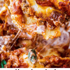 A close-up of a cheesy ravioli lasagna being lifted with a serving spoon, featuring gooey melted cheese, savory tomato sauce, and ground meat. Text at the bottom reads the cheesiest Ravioli Lasagna - The Food Charlatan.