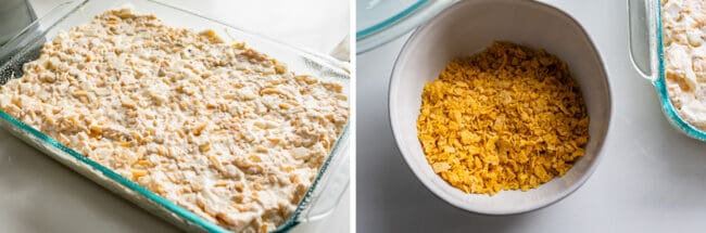 potatoes mixed with sour cream and soup in a clear glass baking dish, bowl of cornflakes in white bowl.