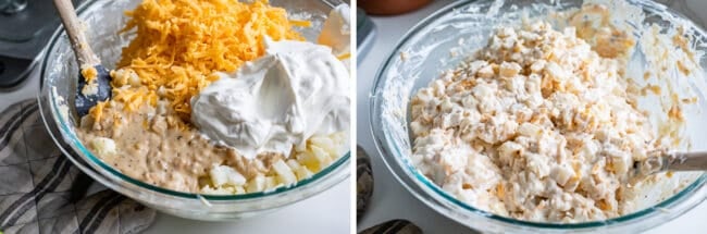 adding cheese, sour cream, white sauce, and frozen potatoes a bowl, then mixed together with spoon. 