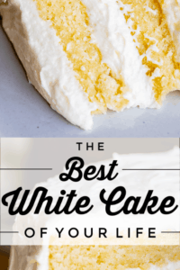 The best white cake caption overlaid on a triple layered cake slice