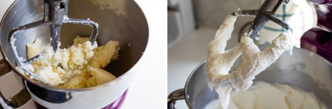 mixing cake batter in a stand mixer.