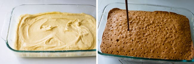 Cake batter and poking cooked cake.