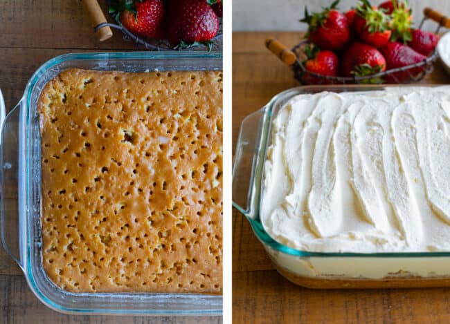 a baked tres leches cake with holes poked in it, the same cake with milk soaked in and whipped cream on top.