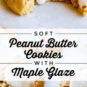 Soft peanut butter cookies topped with a white maple glaze, one with a bite taken out, displayed on a white surface. Text in the center reads “Soft Peanut Butter Cookies with Maple Glaze.”.