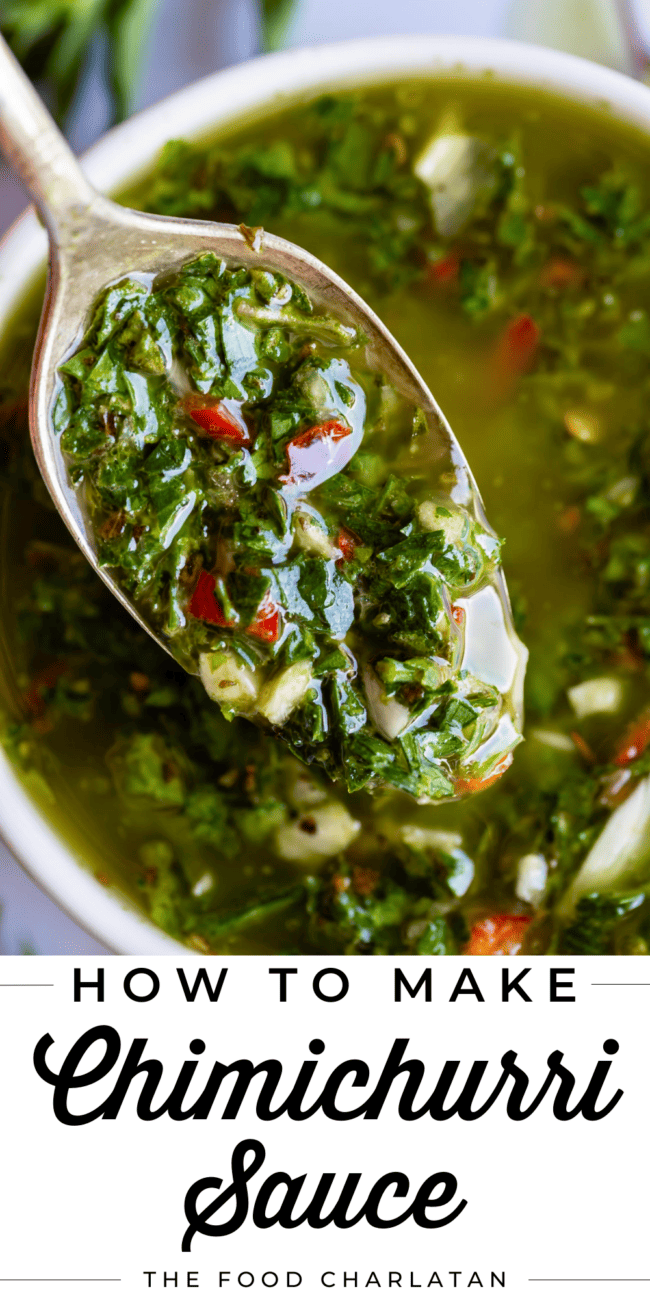 a spoon lifting homemade chimichurri sauce from a small bowl.