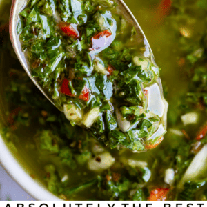 A close-up of a spoonful of vibrant green chimichurri sauce with herbs and red pepper, held over a bowl of the same sauce. Text reads: Absolutely the finest Chimichurri Sauce. The Food Charlatan.