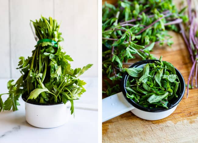 herbs packed into measuring cups.