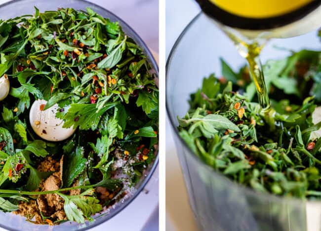 herbs and seasonings in a food processor for chimichurri.