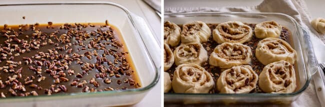 Caramel sticky buns recipe showing pecans floating in caramel sauce and later toped with rolled out rolls