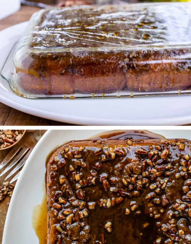 Upside down glass pan of caramel pecan rolls on a platter before and after removing the pan to reveal the stick buns.