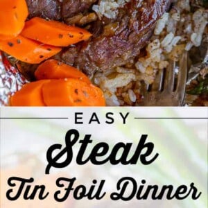 A foil packet filled with cooked steak, white rice, sliced carrots, and green beans—this hobo dinner is seasoned and photographed up close and from above, showcasing its appealing presentation.
