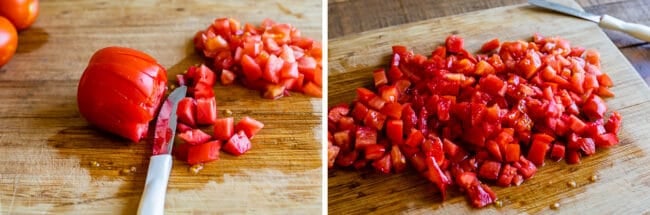 cutting tomatoes for pico de gallo on a wooden cutting board.