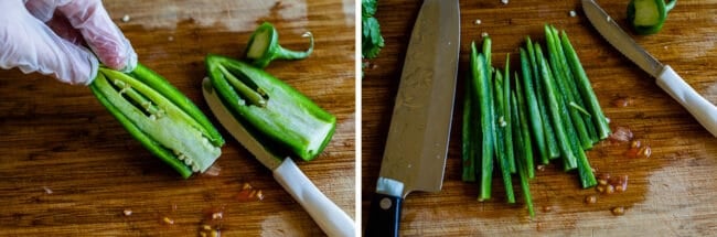 seeding and cutting jalapenos for pico de gallo on a wooden cutting board.