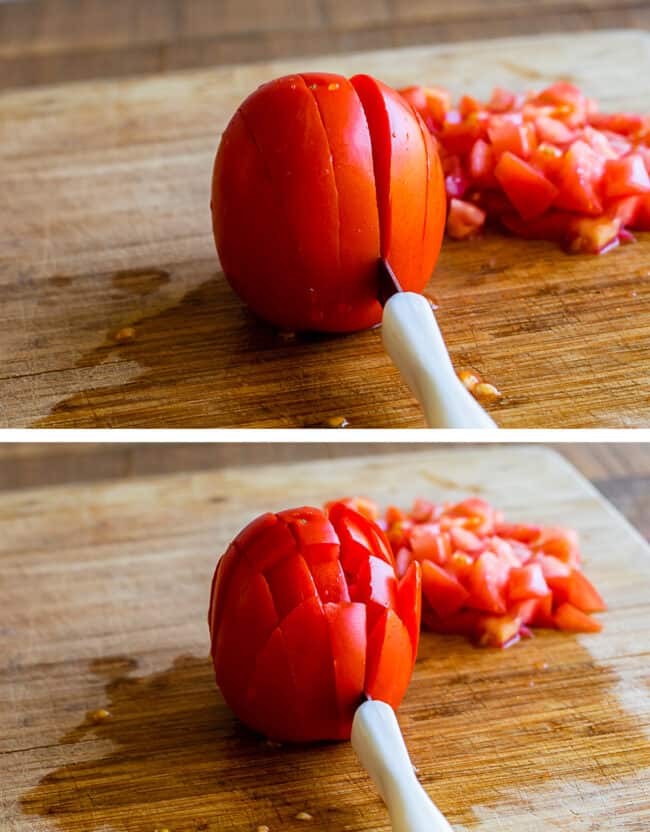 cutting tomatoes for pico de gallo on a wooden cutting board.