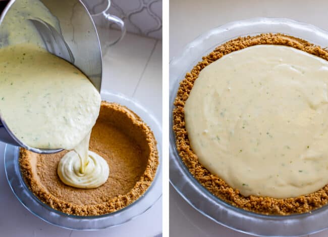 pouring lime custard into a graham cracker crust for key lime pie.