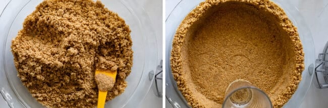 pressing graham cracker crust into a glass pie plate.