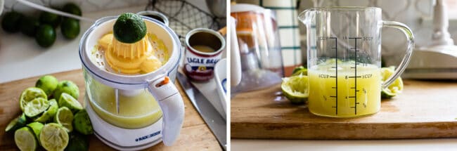 using an electric juicer to juice limes, a measuring cup with lime juice.