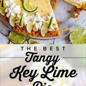 A key lime pie with a graham cracker crust, topped with whipped cream, lime slices, and lime zest. A slice has been cut out and placed on a plate, revealing the creamy key lime filling. Text reads: “The Tangy Key Lime Pie.”.