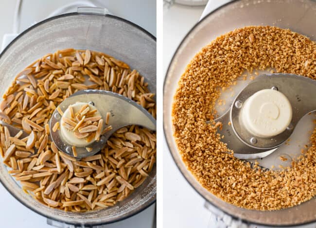 using a food processor to blend almonds into graham cracker crust.