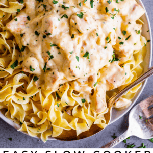 chicken stroganoff over egg noodles.