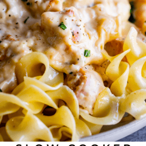 A close-up of creamy chicken stroganoff served over egg noodles, garnished with fresh herbs, on a white plate with the text Slow Cooker Chicken Stroganoff - The Food Charlatan at the bottom. Slow cooker flavors shine through every bite.
