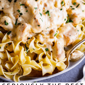 A plate of egg noodles topped with creamy chicken stroganoff, garnished with chopped parsley. The text reads: Seriously delicious slow cooker chicken stroganoff. The Food Charlatan.