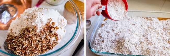 how to make pumpkin dump cake showing crumbled pecans in a glass bowl next to flour sprinkled over pumpkin dump cake batter