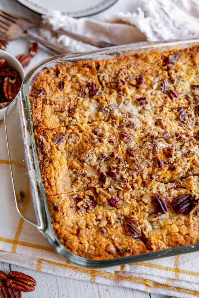 Freshly baked 9x13 inch pan of easy pumpkin dump cake recipe