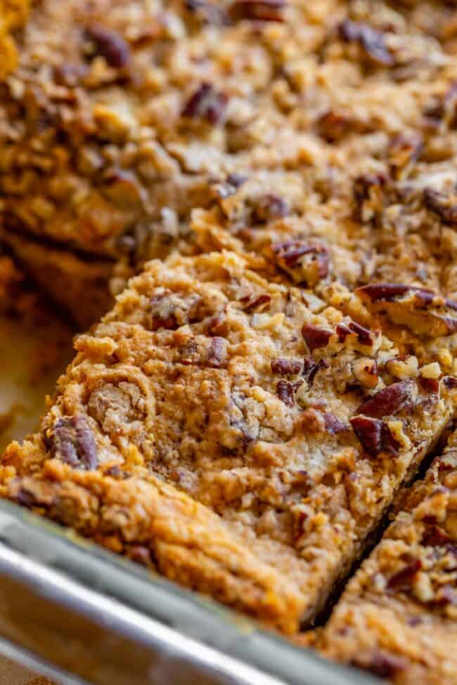 Overhead shot of sliced pumpkin dump cake