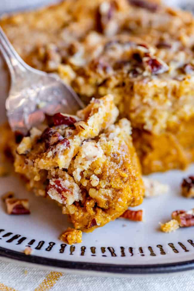 slice of pumpkin and cake mix cake on top of fork