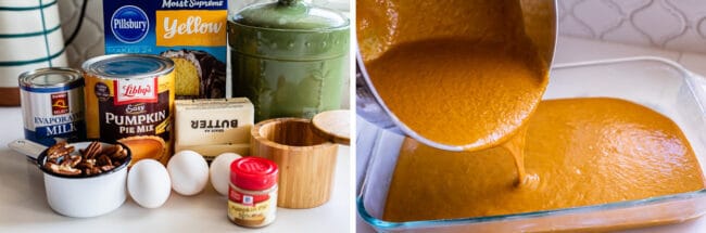 how to make pumpkin dump cake pumpkin dump cake recipe showing cans of pumpkin mix, butter, and eggs next to cake batter