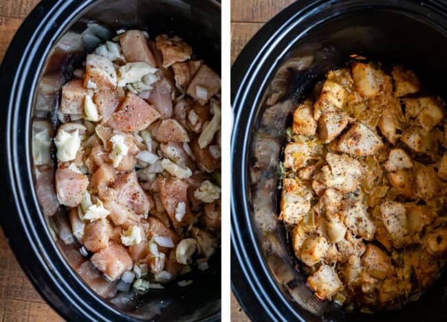 chicken raw in a slow cooker, chicken cooked in a slow cooker.