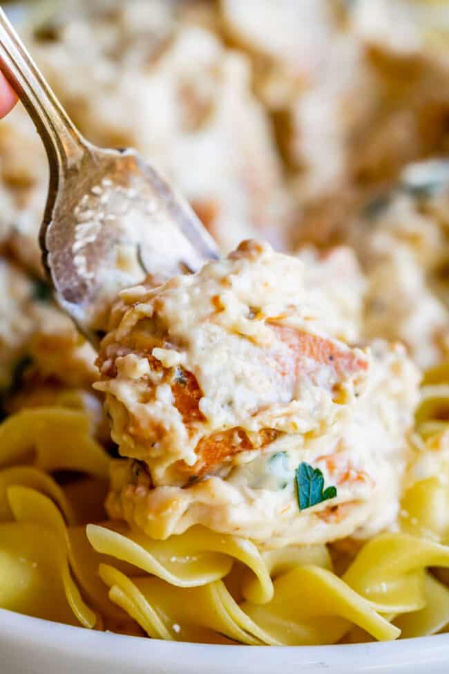 a fork grabbing a bite of chicken stroganoff.