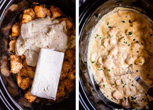 adding cream cheese and white sauce to chicken in a slow cooker. 