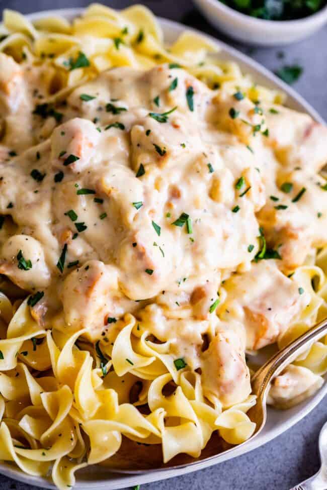 slow cooker chicken stroganoff with parsley. 