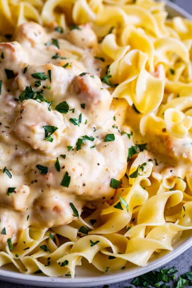 chicken stroganoff over egg noodles.